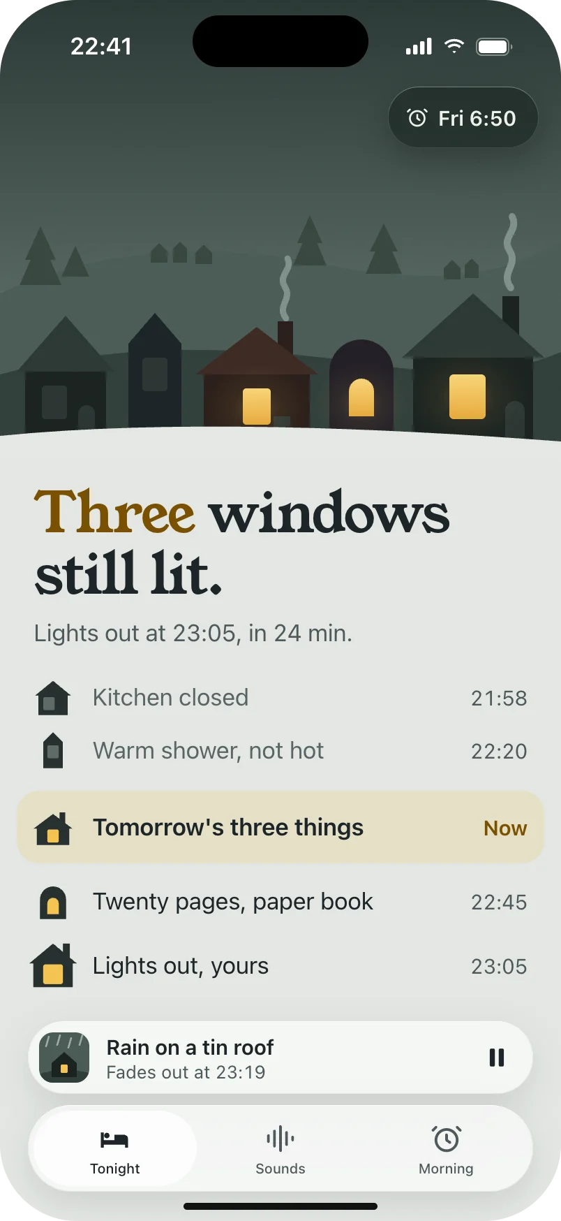 Lull, a sleep app drawn as a village going to sleep: three windows still lit.